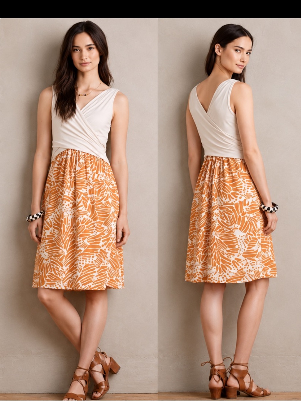 Anthropologie AMADi Cream Orange Lola Sleeveless Cross Wrap Front Dress